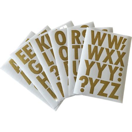plakletters glitter goud | alfabet stickers | met cijfers | hoogte 6 cm